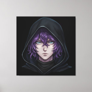 Impressão Em Tela Menino Anime com Capuz Escuro e Cabelo Roxo