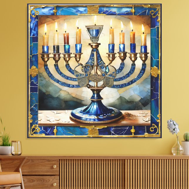 Impressão Em Tela Menorá Azul de Hanuka (Insitu(Sala de estar))