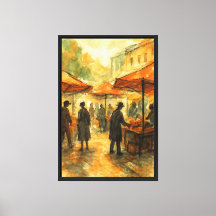 Mercado da Rua de Bustling em Aquarela e Carvão