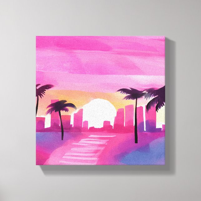 Impressão Em Tela Miami em rosa | Pintura em aquarela brilhante (Frente)