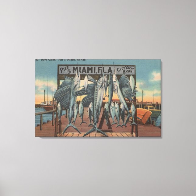 Impressão Em Tela Miami, Flórida - Vista do Cais 5 com Peixes Captur (Frente)