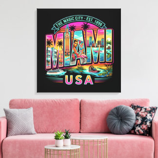 Impressão Em Tela Miami Neon Retro Vintage Beach Art Deco USA Style