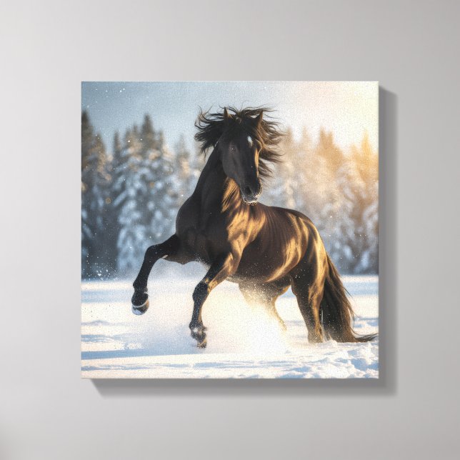 Impressão Em Tela Midnight Majesty – Black Stallion in Winter Snow (Frente)