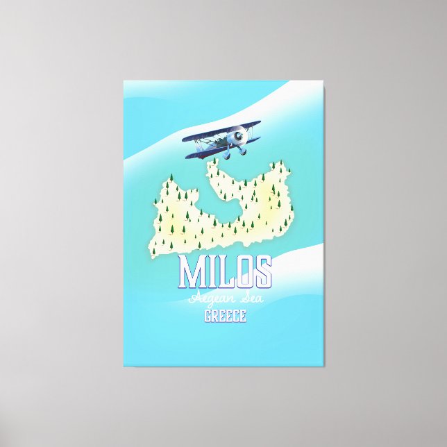 Impressão Em Tela Milos, poster de viagens de mapa da ilha grega. (Frente)