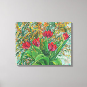 Impressão Em Tela Mimosa e Tulipas, Flores de primavera, Pintura Flo