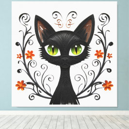 Impressão Em Tela Minimalist Black Cat Green Eyes Filigree Design