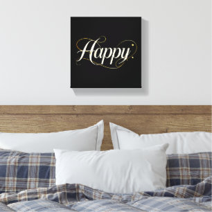 Impressão Em Tela Minimalista Elegante Ouro Tipografia Feliz - Cláss