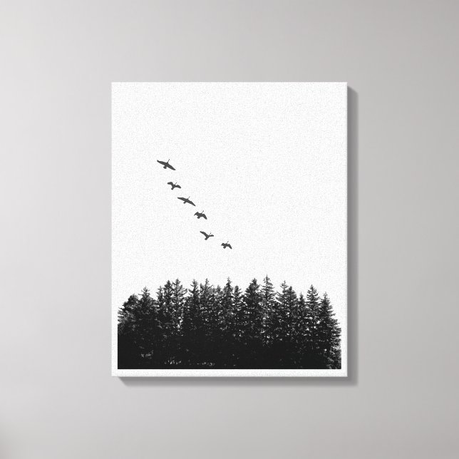 Impressão Em Tela Mínimo de Gansos Voadores e Pinheiros Monocromátic (Frente)