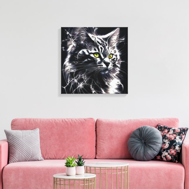 Impressão Em Tela Mística em Preto e Prata - Gato Místico (Insitu(Sala de estar))