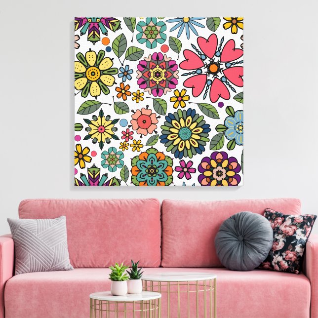 Impressão Em Tela Modern Retro Floral Drawing Seamless Pattern Art (Insitu(Sala de estar))