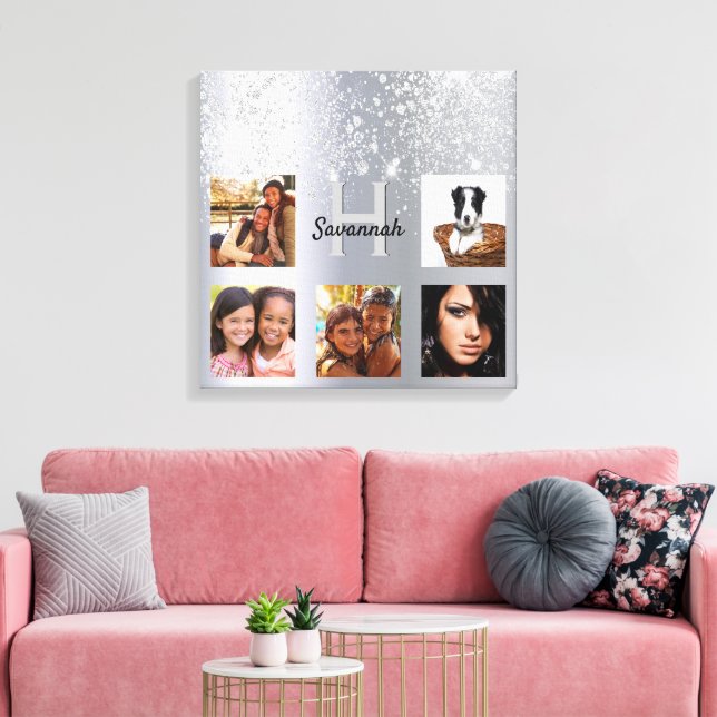 Impressão Em Tela Monograma de colagem de fotos da poeira da prata (Insitu(Sala de estar))