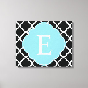 Impressão Em Tela Monograma de Quatrefoil Azul Preto