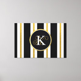 Impressão Em Tela Monograma Personalizado de Stripes Negras e Dourad