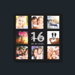 Impressão Em Tela Monograma preto de colagem de fotos personalizada<br><div class="desc">Um único presente de aniversário de 16 anos ou guardo, celebrando sua vida com uma colagem de 8 fotos. Adicione imagens de sua família, amigos, animais de estimação, hobbies ou destino de viagem de sonho. Personalize e adicione um nome, 16 anos e uma data. Cinzas e letras brancas. Um fundo...</div>