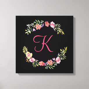 Impressão Em Tela Monograma Rosa, Amarelo e Verde Floral Aquarela