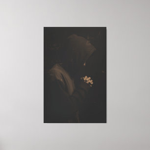 Impressão Em Tela Moody Sepia Portrait of Man in Hoodie Praying in t