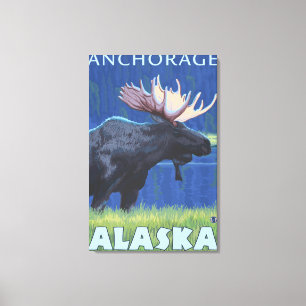 Impressão Em Tela Moose at Night - Anchorage, Alasca