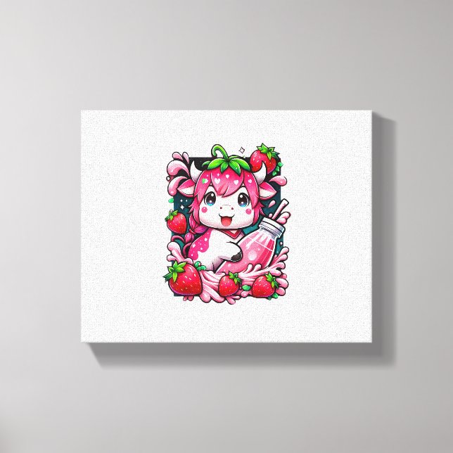 Impressão Em Tela Morango Vaca Kawaii Anime Morango Leite (Frente)