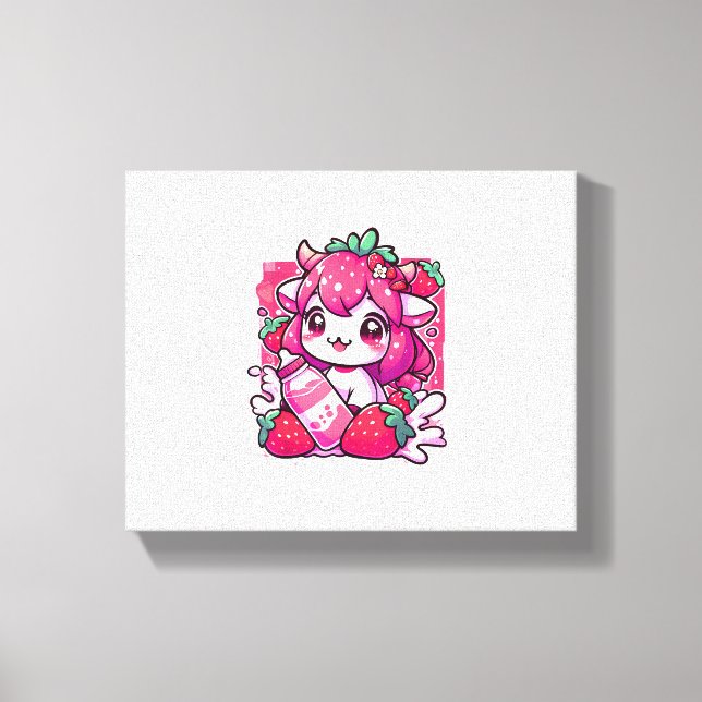 Impressão Em Tela Morango Vaca Kawaii Anime Morango Leite _2_1 (Frente)