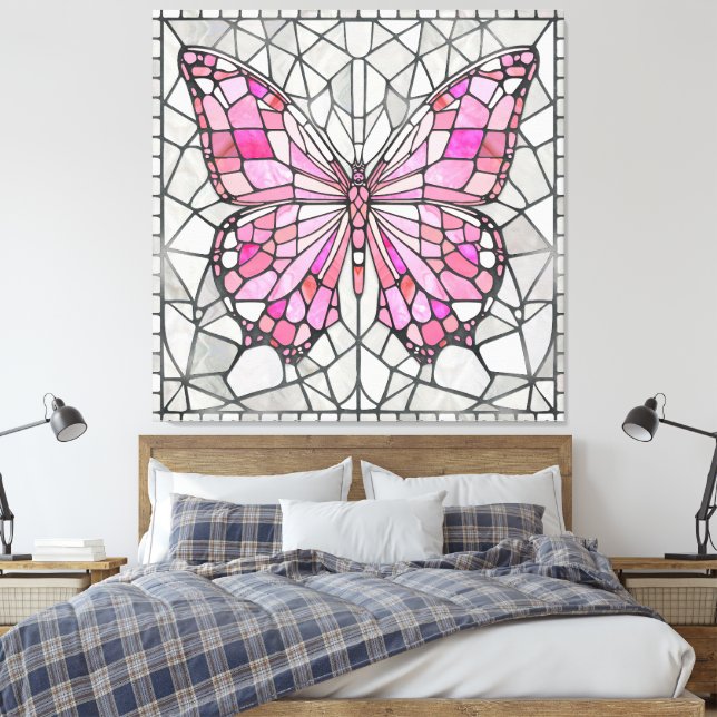 Impressão Em Tela Mosaico-borboleta - Fada-Rosa-clara e cinza (Insitu(Quarto))