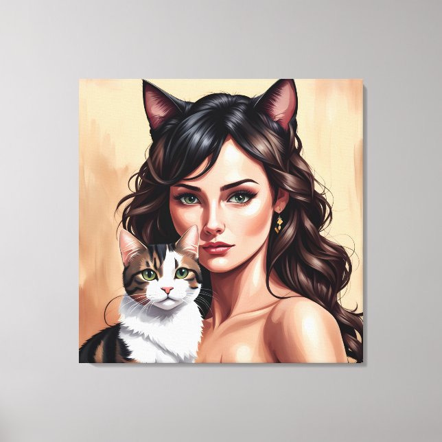 Impressão Em Tela Mulher artística com gato (Frente)