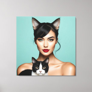 Impressão Em Tela Mulher artística com gato
