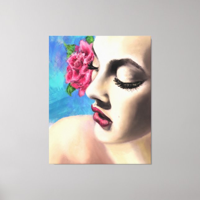 Impressão Em Tela Mulher Bela com Tela de Rosa vermelha - Pintura (Frente)