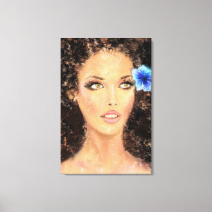 Impressão Em Tela Mulher Bonita com Flor Azul - Pintura Original
