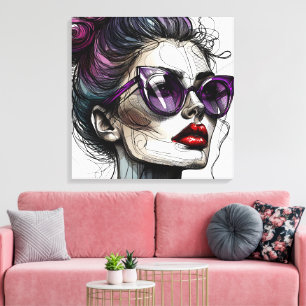 Impressão Em Tela Mulher bonita de óculos de sol e batom roxo