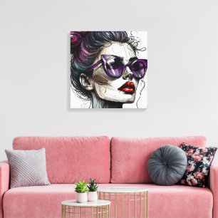 Impressão Em Tela Mulher bonita de óculos de sol e batom roxo