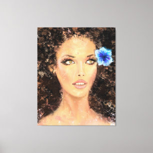 Impressão Em Tela Mulher bonito com Flor Azul - Pintura Original 