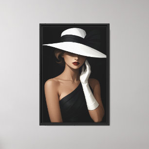 Impressão Em Tela Mulher Chic no Chapéu Branco e Vestido Negro