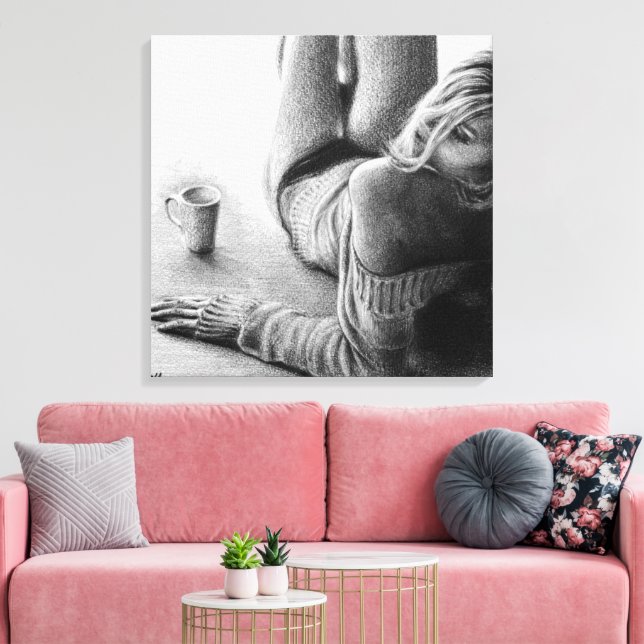 Impressão Em Tela Mulher com café da manhã Desenho a lápis arte (Insitu(Sala de estar))