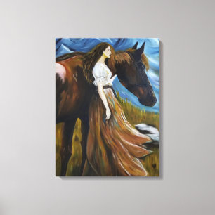 Impressão Em Tela Mulher com Cavalo em Paisagem Montanhosa Pintura a