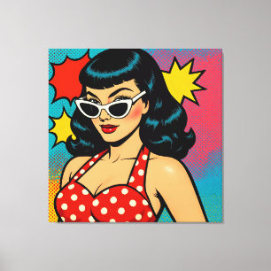 Impressão Em Tela Mulher de Arte Pop Glam Retro com Óculos de Sol Ca