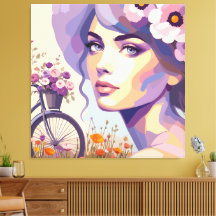 Impressão em Tela Mulher de Bicicleta Floral Vinta