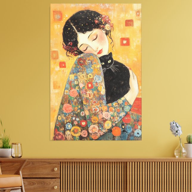Impressão Em Tela Mulher e Gato Inspirados no Klimt (Insitu(Sala de estar))