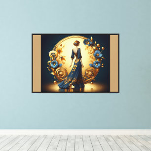 Impressão Em Tela Mulher Elegante Art Déco Dourado e Azul