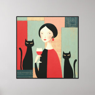 Impressão Em Tela Mulher Elegante Gatos Pretos e Vinho