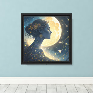 Impressão Em Tela Mulher Elegante sob a Lua e as Estrelas Douradas