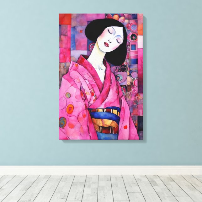 Impressão Em Tela Mulher em Pink Kimono (Insitu(piso de madeira))