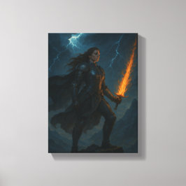 Impressão Em Tela Mulher Guerreira com Espada Flamejante em Tempesta