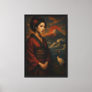 Impressão Em Tela Mulher Japonesa com o Monte Fuji - Oriental