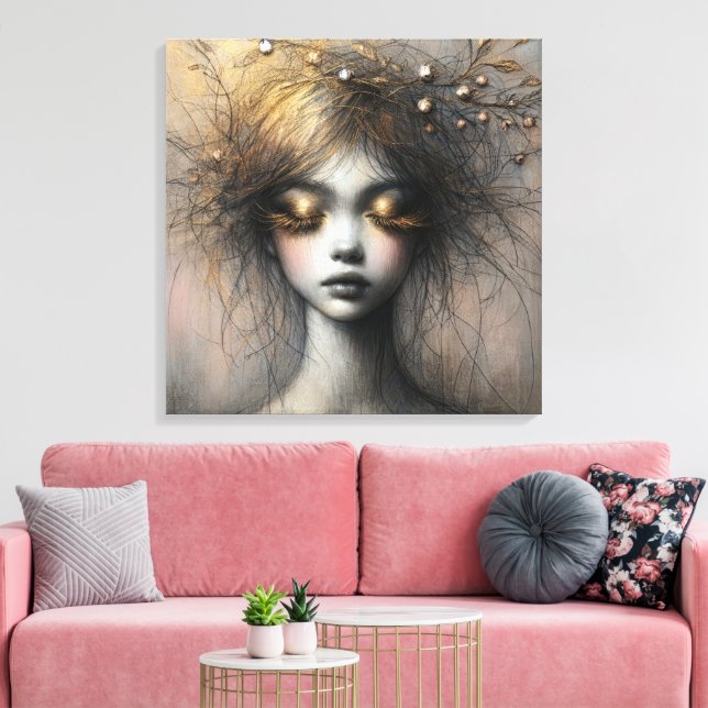 Impressão Em Tela Mulher Jovem Com Cílios Dourados (Insitu(Sala de estar))