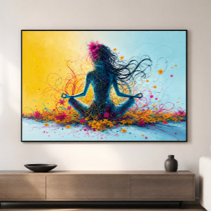 Impressão Em Tela Mulher Meditando na Posição de Lótus Colorida com 