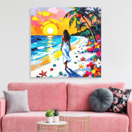 Impressão Em Tela Mulher na Cena Tropical da Praia