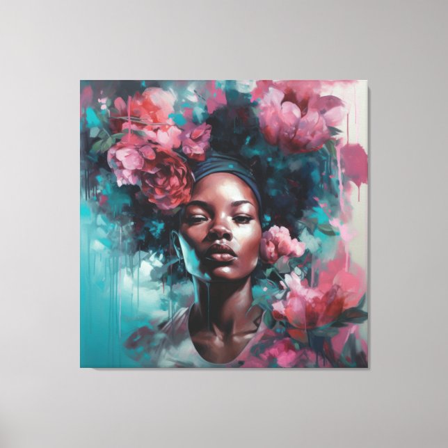 Impressão Em Tela Mulher Negra Africana com Flowers Wall Art (Frente)