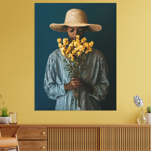 Impressão Em Tela Mulher Negra Elegante com Flores