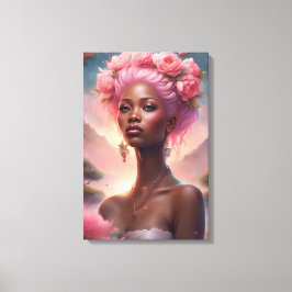 Impressão Em Tela Mulher Negra em Jardim de Flores Rosa