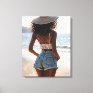 Impressão Em Tela Mulher Negra Vestindo Chapéu de Verão na Praia